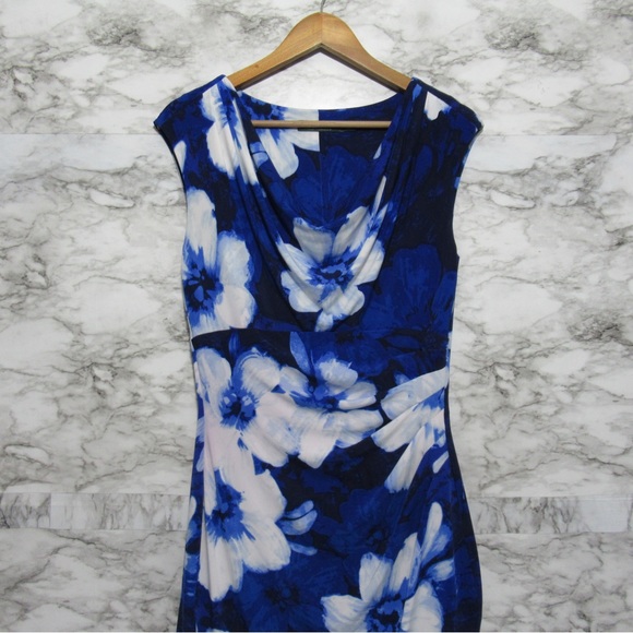 Lauren Ralph Lauren Floral Cowl Neck Sleeveless Sheath Dress Blue White Size 8 - Picture 4 of 16